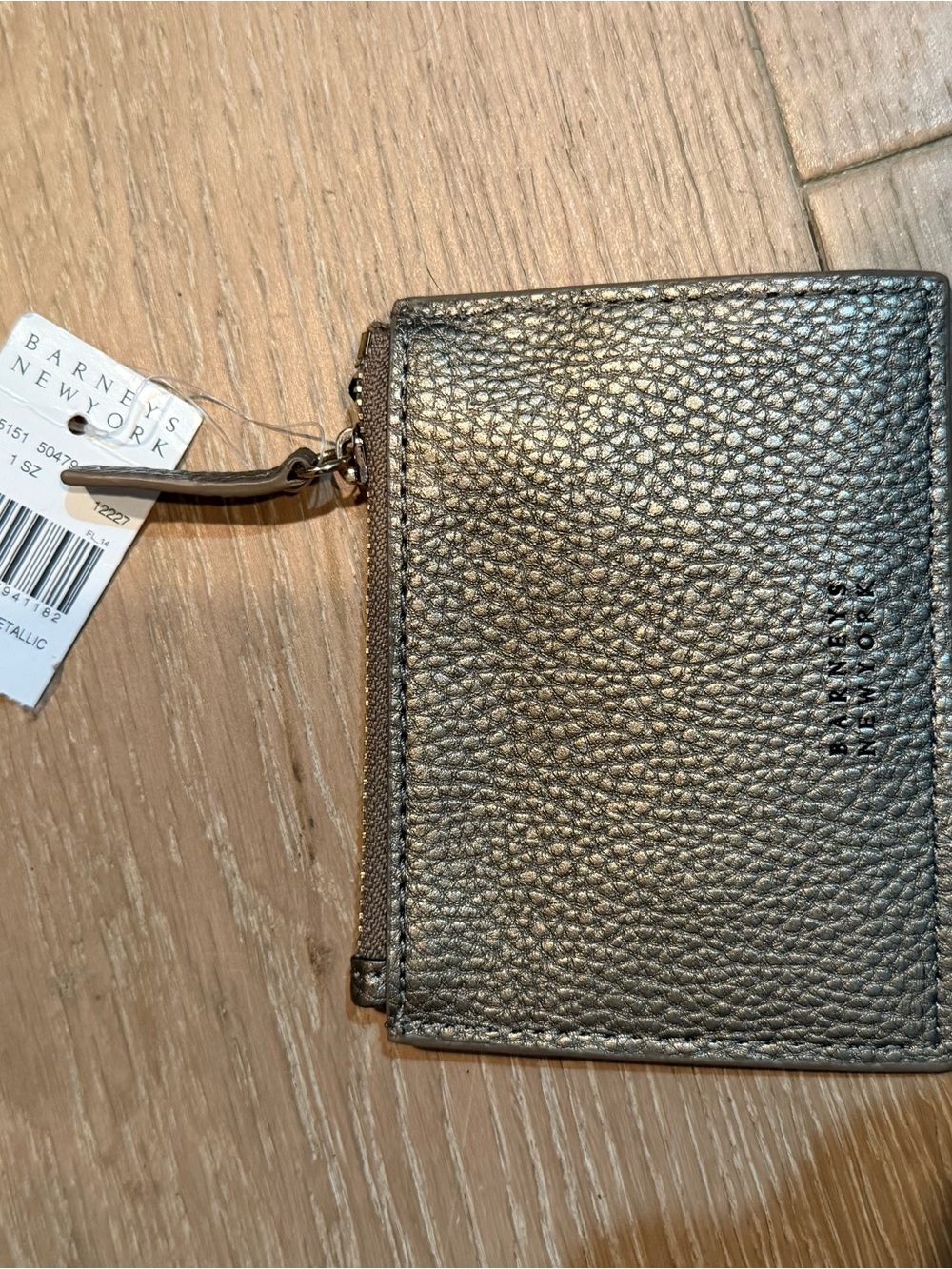 Barneys New York Metallic Gold Pebbled Zip Card Case